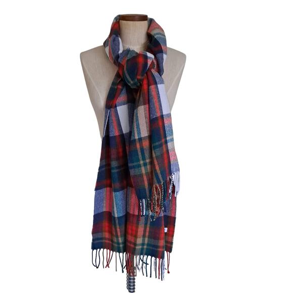 J. Crew Red Green & Beige Plaid Rectangular Scarf with Fringes - Size 25" x 77" - Picture 1 of 16